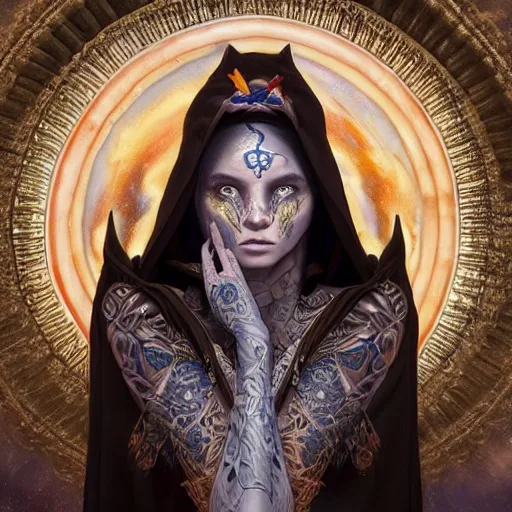 Prompt: portrait painting of a beautiful moon goddess, wearing a dark hooded robe, sacred tattoos on her face, smirking, holding a giant astral scyther, moon colours, glowing reality, ultra realistic, concept art, intricate details, mystical, highly detailed, photorealistic, octane render, 8 k, unreal engine. art by artgerm and greg rutkowski and alphonse mucha