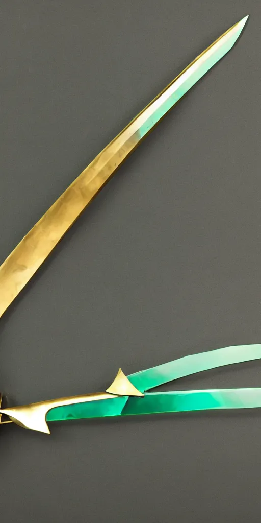 Image similar to photograph of a wide green and teal crystal sword blade attached to a big gold sword hilt