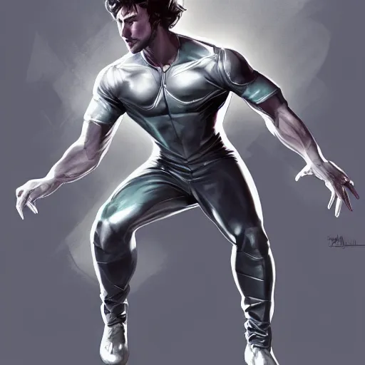 Prompt: full body view, aaron taylor johnson as quicksilver, digital painting, concept art, smooth, sharp focus, dressed!!!! illustration by artgerm, yoshitaka amano, krenz cushart, shinji aramaki