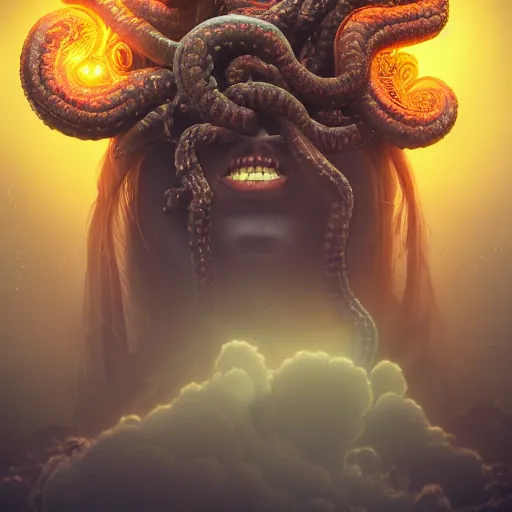 Prompt: beautiful dark landscape, highly detailed medusa head screaming, beautiful flowers growing, in the style of beeple and Mike Winkelmann, intricate, epic lighting, cinematic composition, hyper realistic, 8k resolution,