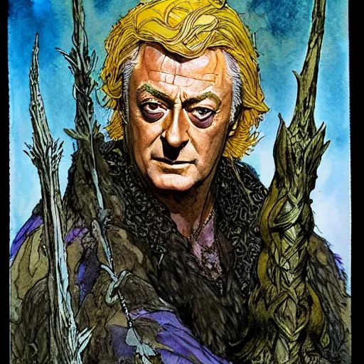 Prompt: a realistic and atmospheric watercolour fantasy character concept art portrait of michael caine as a druidic warrior wizard looking at the camera with an intelligent gaze by rebecca guay, michael kaluta, charles vess and jean moebius giraud