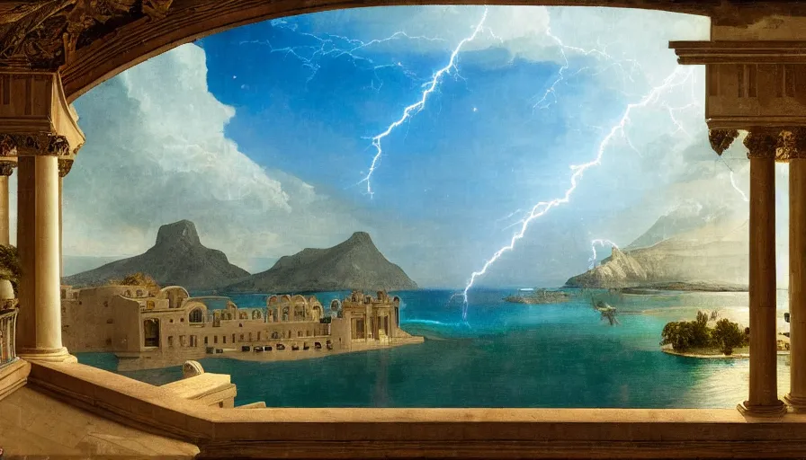 Prompt: From inside the balcony of the giant Palace, mediterranean balustrade and columns, refracted line and sparkles, thunderstorm, greek pool, beach and Tropical vegetation on the background major arcana sky and occult symbols, by paul delaroche, hyperrealistic 4k uhd, award-winning, very detailed paradise