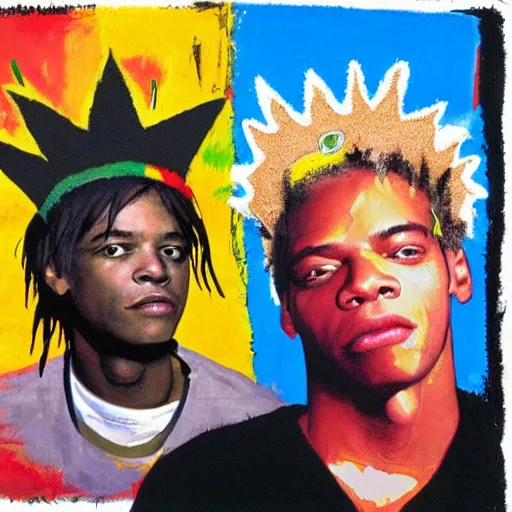 Prompt: kurt cobain and basquiat wearing a painted basquiat crown photorealistic