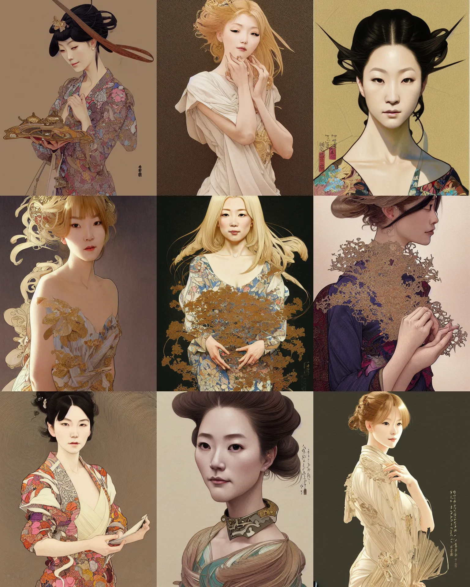 Prompt: Portrait of a japanese museum art curator, blonde, abstract dress, intricate, elegant, highly detailed, digital painting, artstation, concept art, smooth, sharp focus, illustration, art by artgerm and greg rutkowski and alphonse mucha and maya takamura and Hitomi Isono