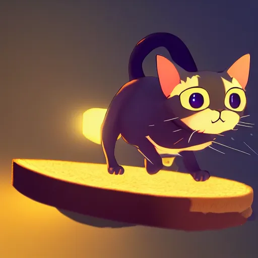 Image similar to a cat running away from a giant sandwich, artstation hq, dark phantasy, stylized, symmetry, modeled lighting, detailed, expressive, created by hayao miyazaki