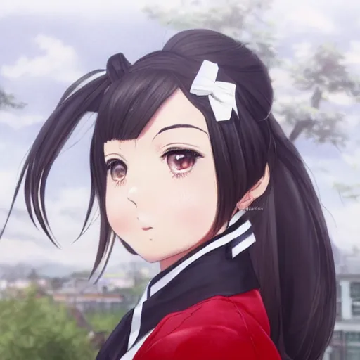 Prompt: astonishing portrait of a very beautiful anime high-school girl with black hair ponytail, white ribbon, full perfect face, realistic, highly detailed background, artstation, 120 degree view, drawn by Sasoura, Satchely and Akihiko Yoshida, no distortion