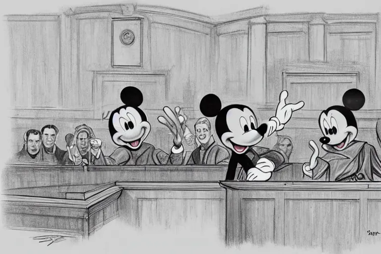 Image similar to detailed background courtroom sketch of vintage disney character mickey mouse presenting evidence of copyright infringement to the judge bench court room wooden serious dark tone