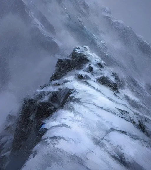 Image similar to a climber climbs a snowy mountain in a storm, close view, painting by craig mullins, octane rendering, soft morning lighting, wide angle lens, in the style of hayao miyazaki, trending on artstation,