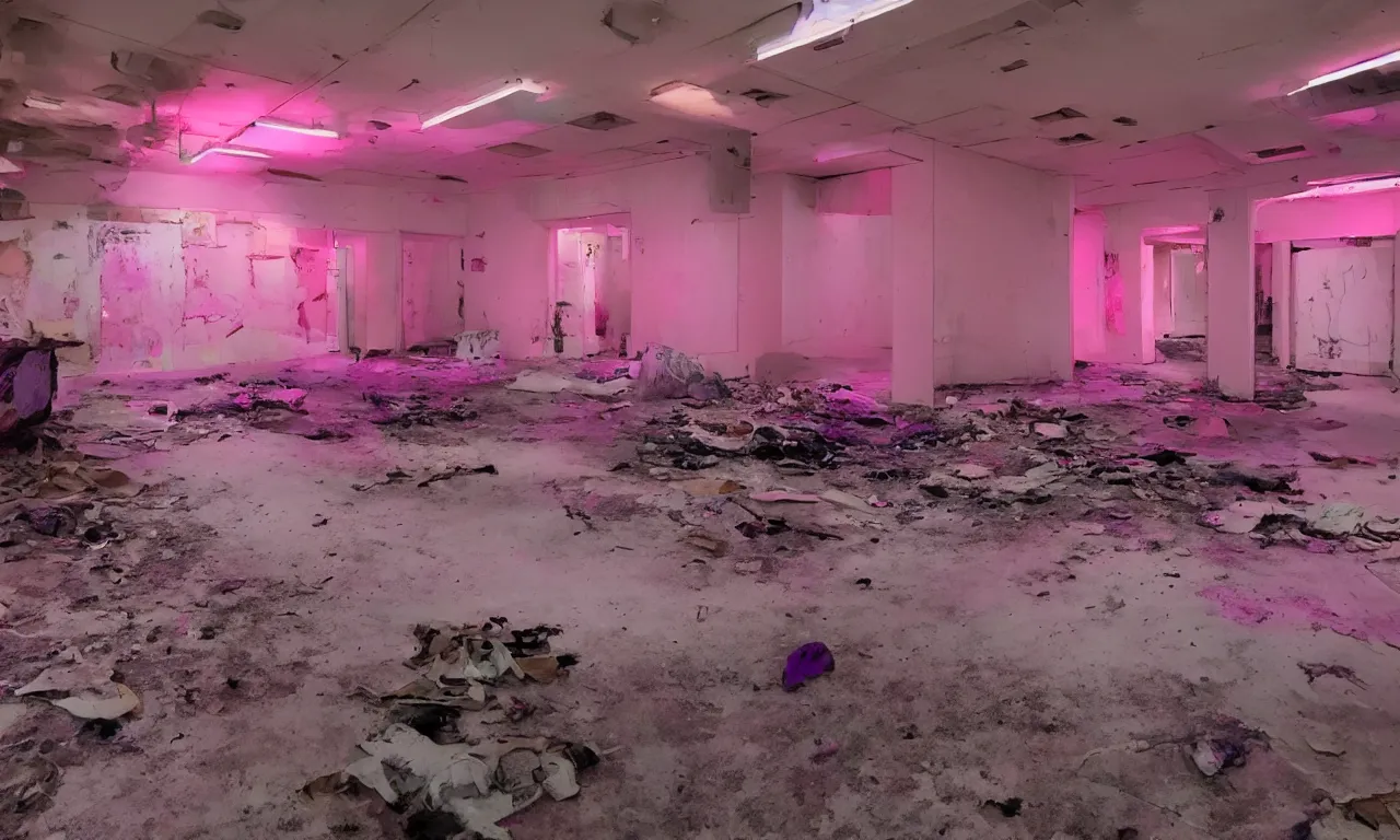 Image similar to backrooms abandoned mall, ominous neon pink and purple vaporwave lighting, moldy walls and stuffed animals sitting in shallow water