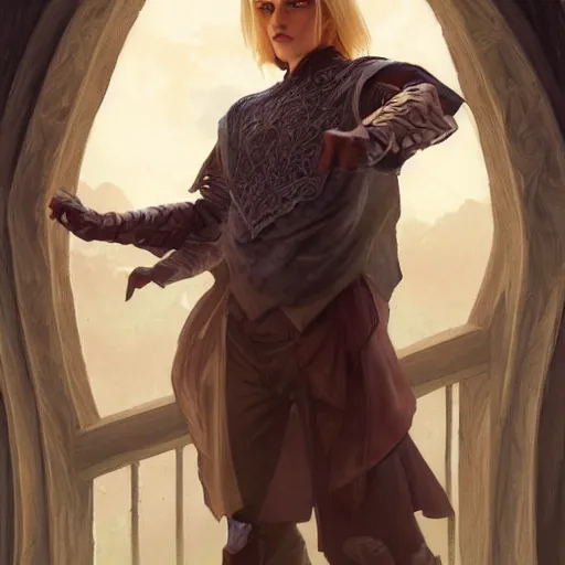 Image similar to an epic fantasy comic book style full body portrait painting of a young blonde boy who is over confident, wearing plain thief clothes, d & d, fantasy, intricate, elegant, highly detailed, digital painting, artstation, concept art, matte, sharp focus, illustration, art by artgerm and greg rutkowski and alphonse mucha