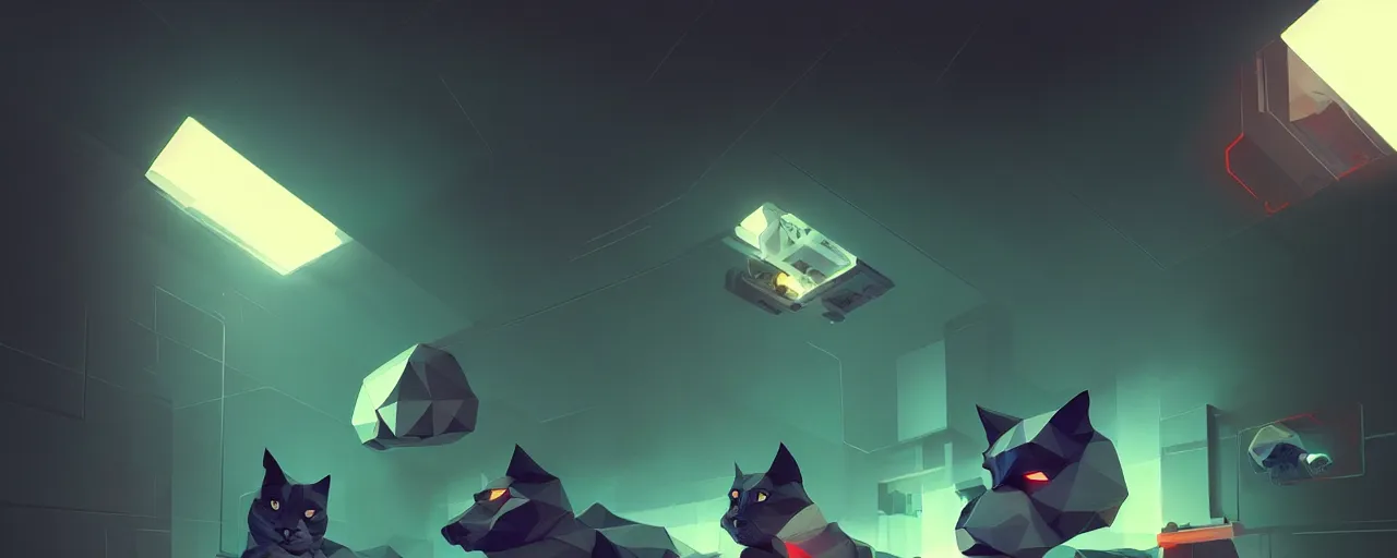 Image similar to duotone noir scifi concept illustration of lowpoly cats inside box floating zero gravity glowing 3 d mesh portals futuristic, glowing eyes, octane render, surreal atmosphere, volumetric lighting. accidental renaissance. by sachin teng and sergey kolesov and ruan jia and heng z. graffiti art, scifi, fantasy, hyper detailed. trending on artstation