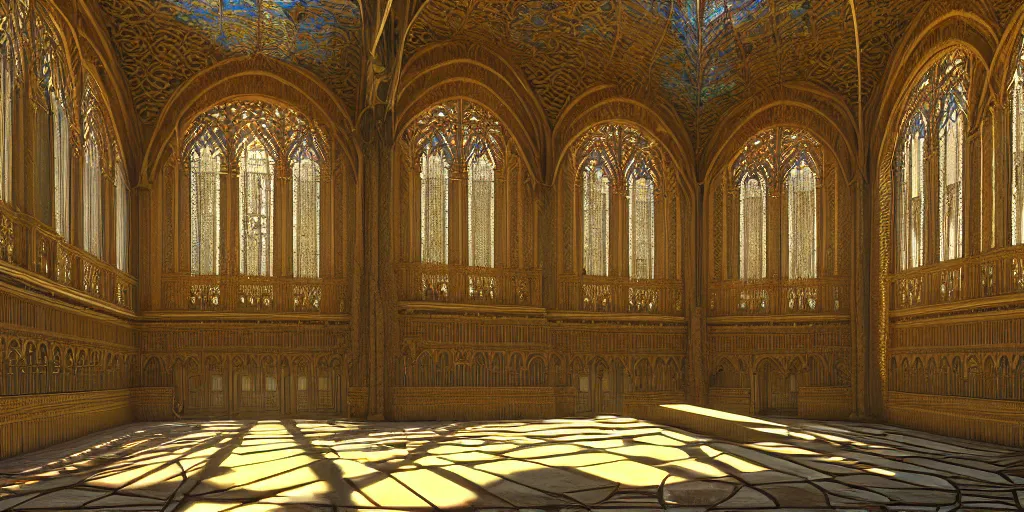 Prompt: beautiful interior render of a huge divine kingdom palace, symmetric, dazzling light beam penetrated through the window, the style of louis comfort tiffany, pascal blanche, andreas rocha, paul pepera, raphael lacoste, scene render, perfect shadow, exquisite, hyper detailed, gradient, fine structure texture, gothic style, atmospheric lighting, 4 k hd