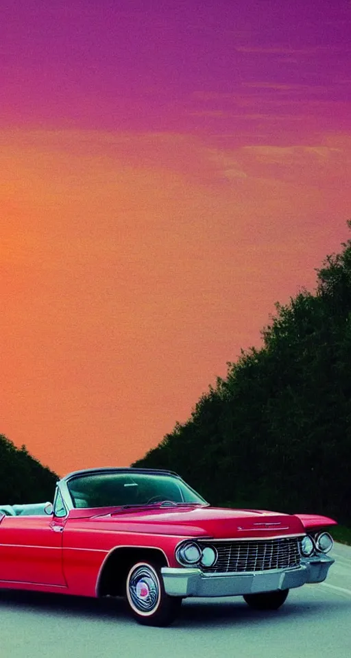 Image similar to far away photo of a 1 9 6 3 red cadillac convertible driving down an empty highway into a pink sunset, aesthetic, minimalist, realistic, surreal, by vincent van gogh