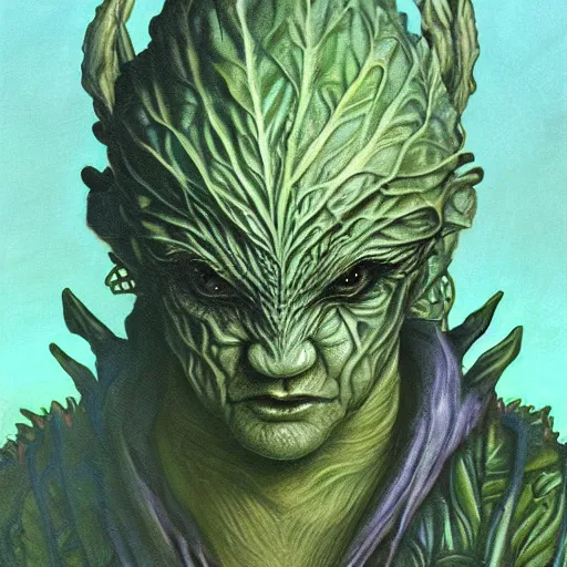 Prompt: male cabbage humanoid monster, sci fi, glowing eyes, volumetric lights, plant theme, art nouveau botanicals, intricate, highly detailed, digital painting, artstation, concept art, smooth, sharp focus, cinematic, illustration, beautiful face, art by h. r. giger and greg rutkowski and alphonse mucha, kentaro miura