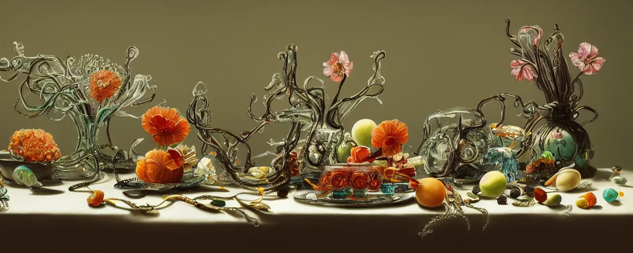 Prompt: ultradetailed hyperrealistic still life with jelly flowers by ernst haeckel, caravaggio, roger dean and andrei tarkovsky, slime and tentacles, wide angle, minimalistic cinematic composition, octane render, bokeh, unreal engine, 4k 3d render