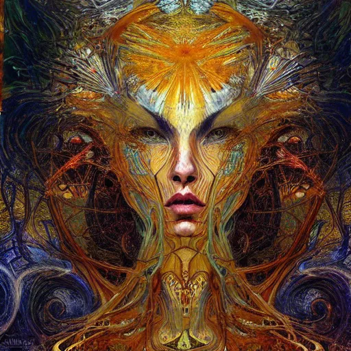 Image similar to Divine Chaos Engine by Karol Bak, Jean Deville, Gustav Klimt, and Vincent Van Gogh, fractal structures