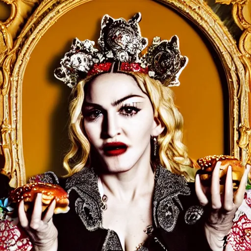 Prompt: a beautiful portrait of Madonna eating massive hamburgers, extra onions and ketchup, luscious patty with sesame seeds, with a brilliant, impossible striking big mac headpiece, clothes entirely made out of condiment chaos energy, symmetrical, dramatic studio lighting, rococo, baroque, jewels, hyperrealism, closeup, D&D, fantasy, intricate, elegant, highly detailed, digital painting, artstation, octane render, 8k, concept art, matte, sharp focus, illustration, art by Artgerm and Greg Rutkowski and Alphonse Mucha