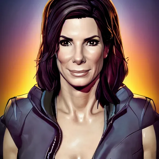 Image similar to sandra bullock portrait, borderlands, tales from the borderlands, the wolf among us, comic, cinematic lighting, studio quality, 8 k