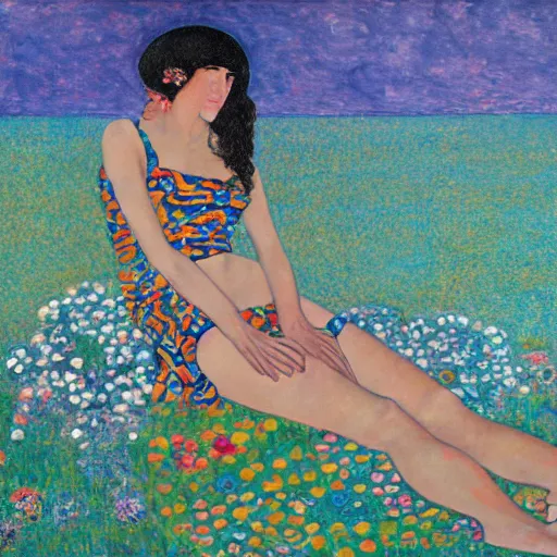 Image similar to Tifa at the beach, fullbody in the style of Gustav klimt!!!!!!!!!!