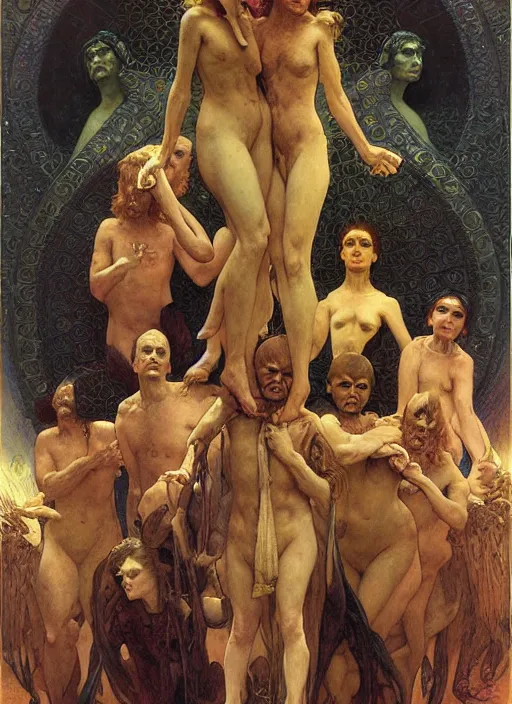 Prompt: hyper realistic painting of the cult in the style of wayne barlowe, gustav moreau, goward, gaston bussiere and roberto ferri, santiago caruso, and austin osman spare, bouguereau, alphonse mucha, saturno butto. occult art