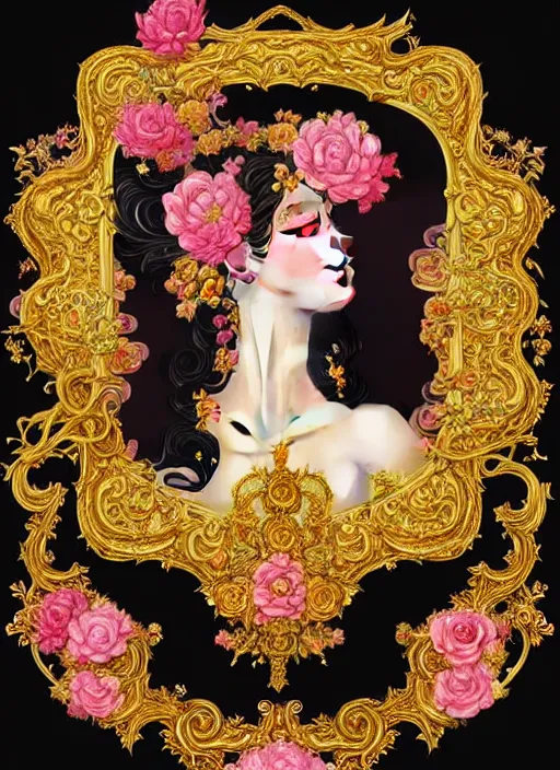 Image similar to beautiful black pink yellow, complicated gold and pink flowers in baroque style headwears, dark fantasy, intricate, elegant, highly detailed, digital painting, artstation, highly saturated colors, concept art, matte, 3 d 8 k octane rendered, sharp focus, illustration, octane rendered, art by artgerm and alphonse mucha, leesha hannigan