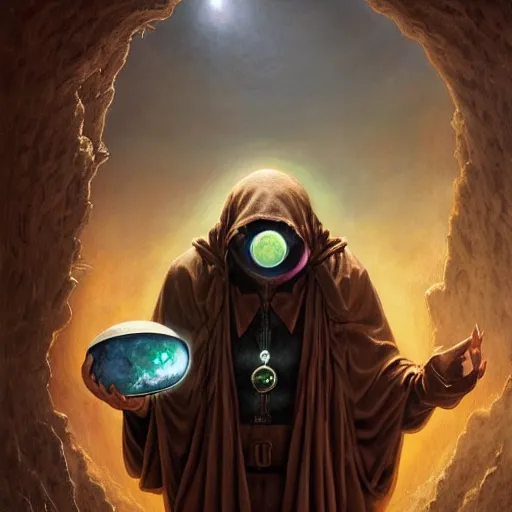 Image similar to masked nomad male wearing a cloak and holding a holographic planet projection in his hand, detailed, sci - fi, digital painting, artstation, sharp focus, illustration, ominous, artgerm, tomasz alen kopera, peter mohrbacher, donato giancola, joseph christian leyendecker, wlop, frank frazetta