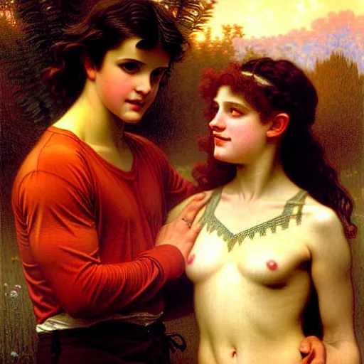 Image similar to twilight version of stranger things, portrait of edward and bella by gaston bussiere in the style of william - adolphe bouguereau, art nouveau