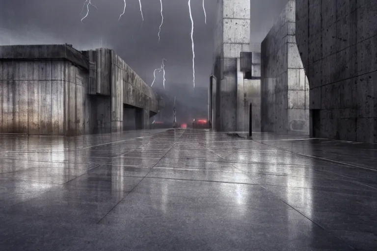 Image similar to brutalist architecture, metal, concrete, mist, rain, night, dramatic lighting, lightning bolt, trending on Artstation, 8k, highly realistic, hyper detailed, unreal engine 5, IMAX quality, realistic, cinematic, epic lighting, realistic, in the style of Greg Rutkowski