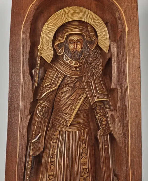 Prompt: orthodox wood carving of a paladin