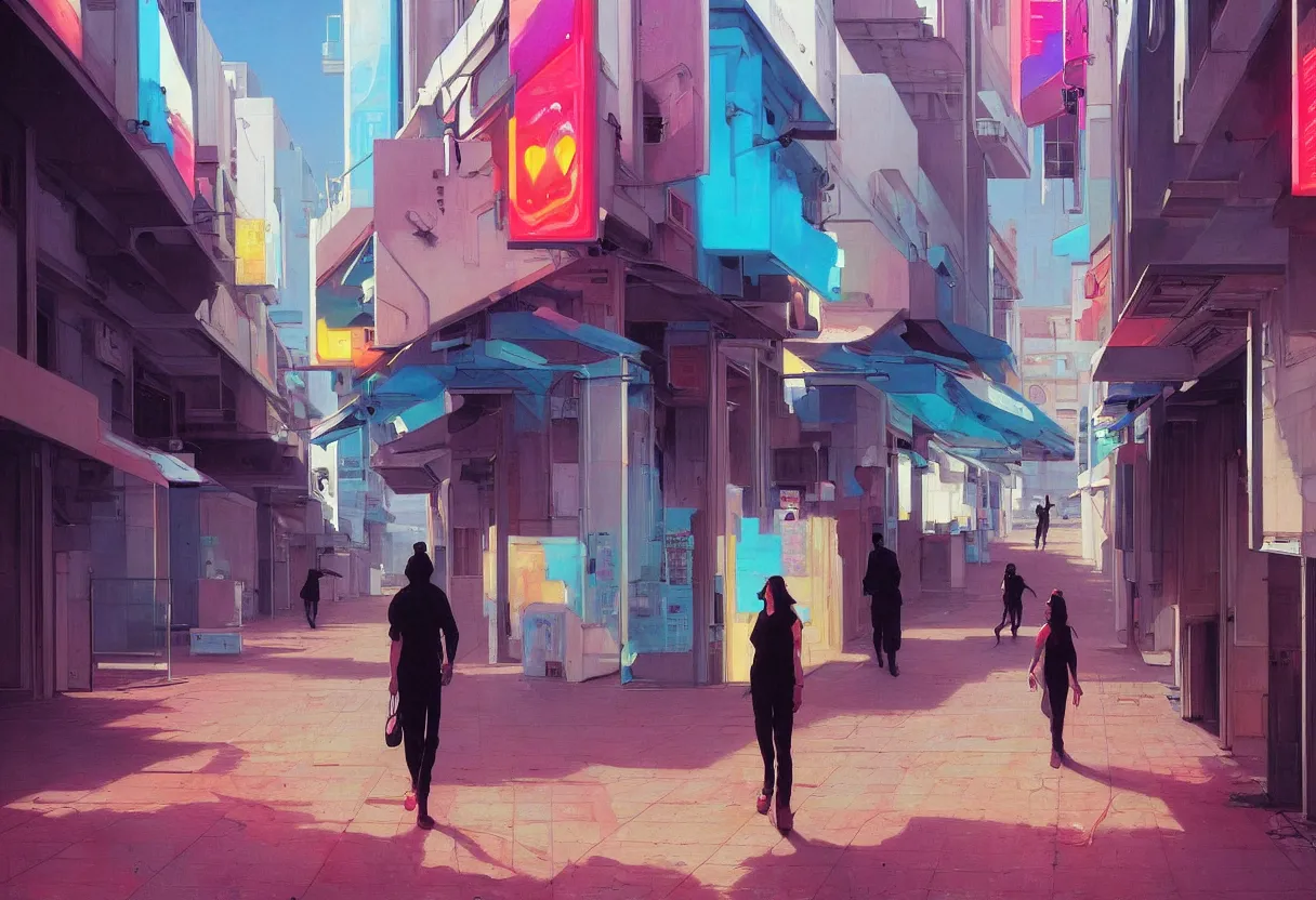 Image similar to sad and heartbreaking painting of the empty streets of tel aviv, vivid colors, neon, art by ( ( ( kuvshinov ilya ) ) ) and wayne barlowe and francis bacon and artgerm and wlop and william - adolphe bouguereau