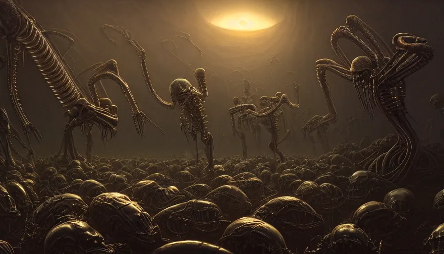 Prompt: alien army, rotting, fine details, digital art, volumetric lighting, cinematic light, photorealistic, by dan mumford and zdzisław beksinski, by giger, by caravaggio, 4 k,