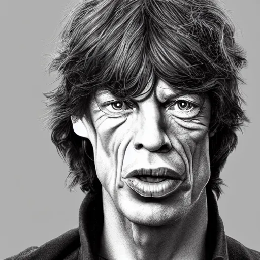 Image similar to Caricature portraits done of Mick Jagger, realistic, hyperrealistic, very realistic, highly detailed, very detailed, extremely detailed, detailed, oil painting, digital art, trending on artstation