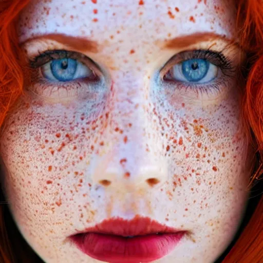 Image similar to Close up photo of the left side of the head of a redhead woman with gorgeous blue eyes and wavy long red hair, red detailed lips and freckles who looks directly at the camera. Slightly open mouth. Whole head visible and covers half of the frame, with a park visible in the background. 135mm nikon.