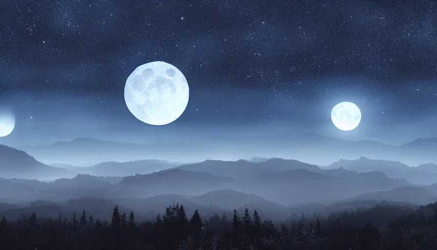 Image similar to a beautiful landscape at night big moon and stars in the sky matte painting dark blue tones concept art 4 k