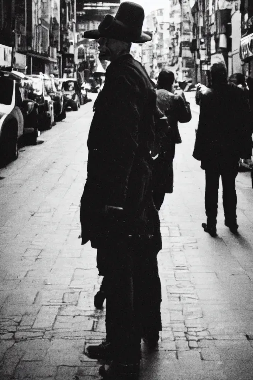 Prompt: man standing in a crowded street in a steampunk city, forlorn concerned expression, medium shot, 120 black and white film