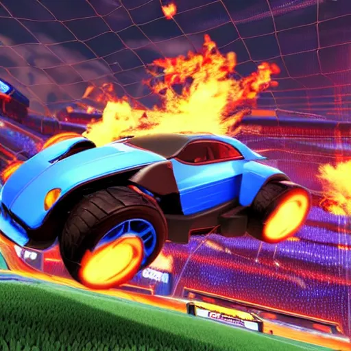 Prompt: rocket league car hitting a flaming ball