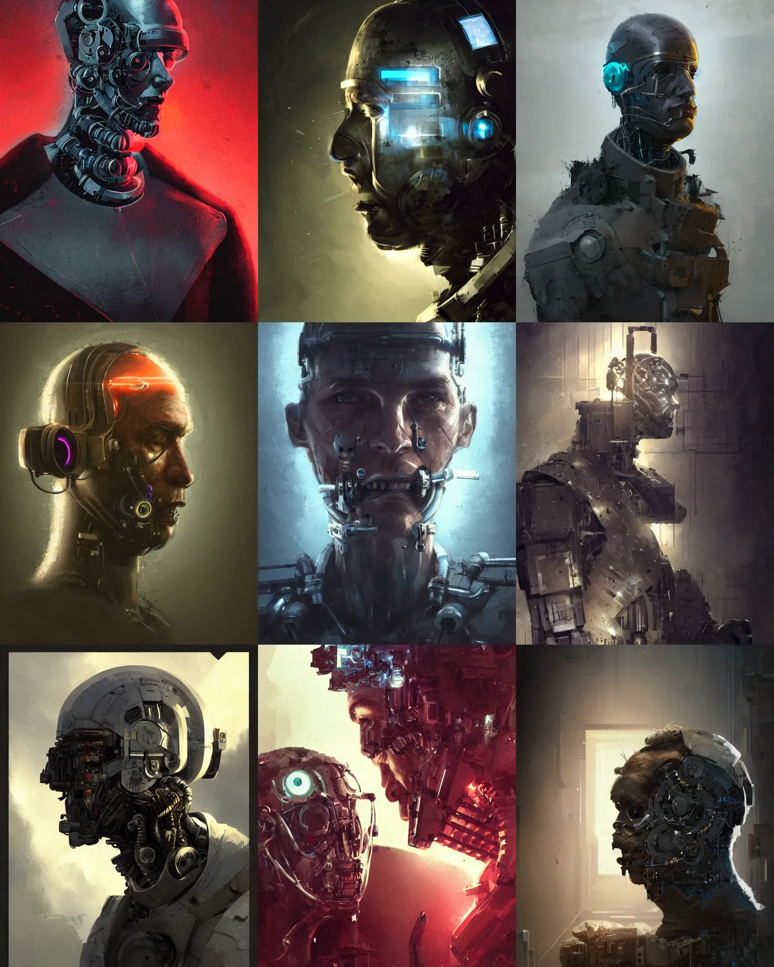 Image similar to a half masked rugged laboratory engineer man with cybernetic enhancements as seen from a distance, scifi character portrait by greg rutkowski, craig mullins, 1 / 4 headshot, cinematic lighting, dystopian scifi outfit, profile picture, mechanical, cyborg, half robot