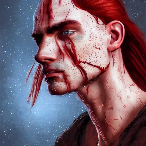 Prompt: portrait of a thin young man with long red hair, ponytail, a big scars, big gash on face, freckles on his face, an earring, intricate, elegant, glowing lights, highly detailed, digital painting, artstation, concept art, smooth, sharp focus, illustration