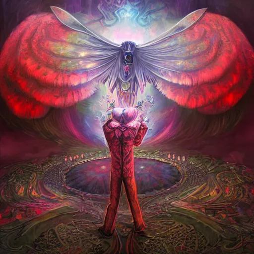 Image similar to 8K Portrait of centered chest up of a psychedelic godlike mothman with giant mandala wings smoking a hand-rolled cigarette smoking heavily , magic mushroom village in background , post-processing , award winning. superb resolution. in the art style of junji Ito and greg rutkowski . Detailed Mushroom city in background. Hyper realistic anime. Perfect art. Dalle2