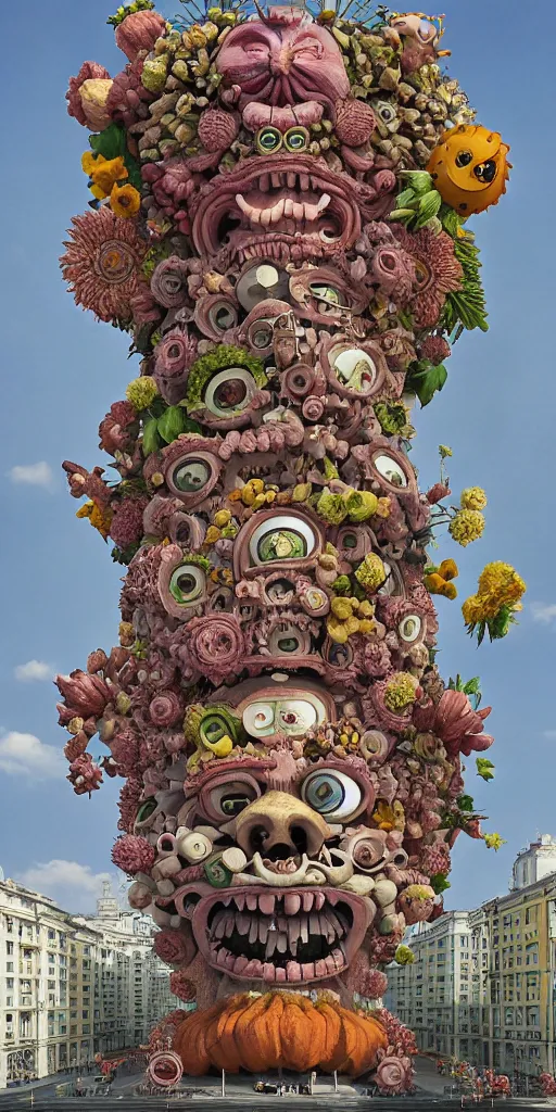 Image similar to colossal grotesque Beelzebub flower made from angry smiles in the middle of post soviet constructivist cityscape, Stalinist architecture, ultradetailed, Intricate by Hayao Miyazaki and Josan Gonzalez and Makoto Shinkai and Giuseppe Arcimboldo and MC Esher and Wes Anderson