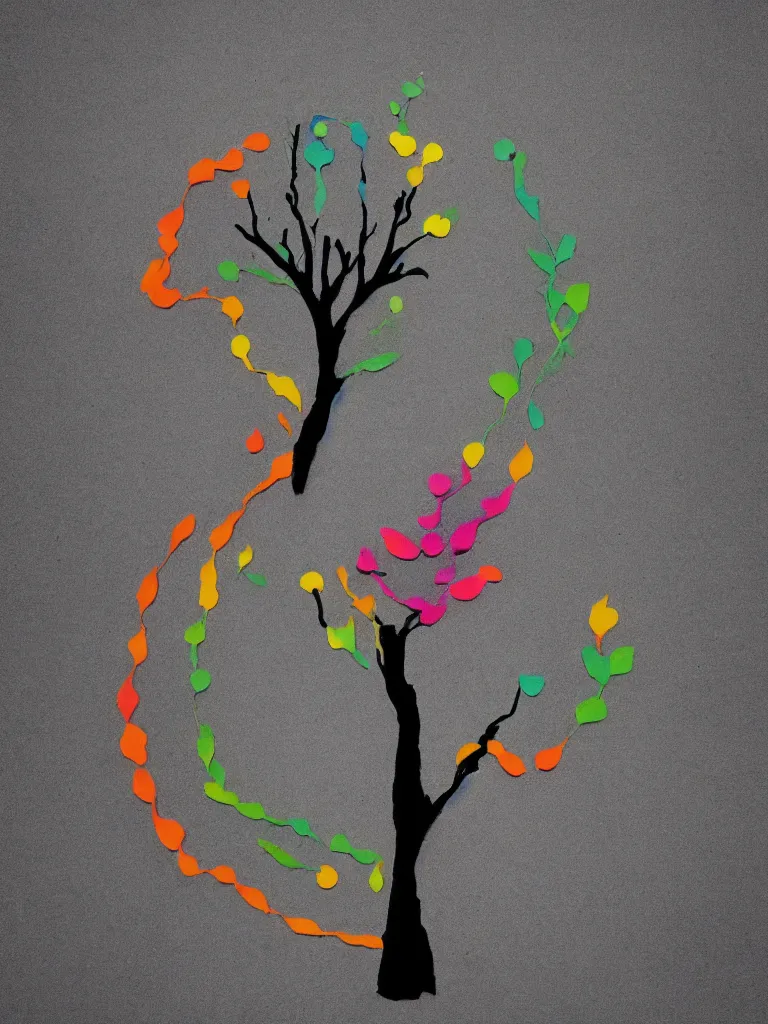 Image similar to minimal silhouette art of acorn that turns into a tree in the shape of a treble clef, a big rip down the middle, splashes of color, inspirational and powerful