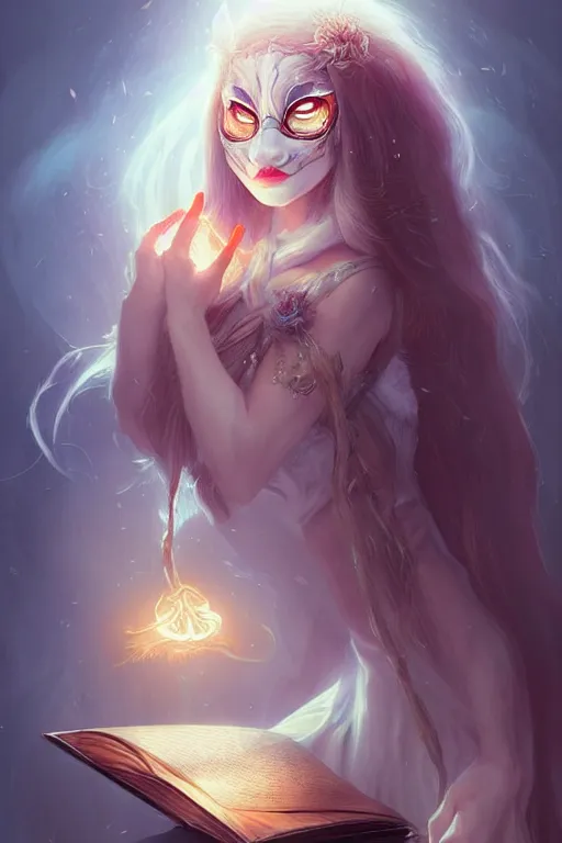 Image similar to gorgeous!!! hyper - realstic sorceress with a kitsune mask, holding a tattered book, casting a spell | drawn by wlop, drawn by jeehyung lee, drawn by artgerm | intricate, highly detailed, digital painting, character design, concept art, illustration, artstation