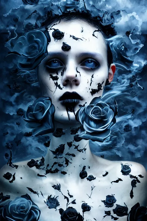 Prompt: 3 d, white and black smoke, sun rays, worried fashion model, sweat skin, liquid black metal, black roses, poster art, high detail, intricate oil painting, multiple exposure, deep blue mood, hyperrealism, 3 d, by tooth wu and wlop and beeple and greg rutkowski