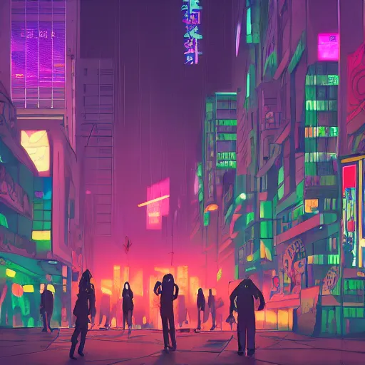 Prompt: Fall Guys dancing, cyberpunk, horrific, manga, anime, dark vibes, matte painting