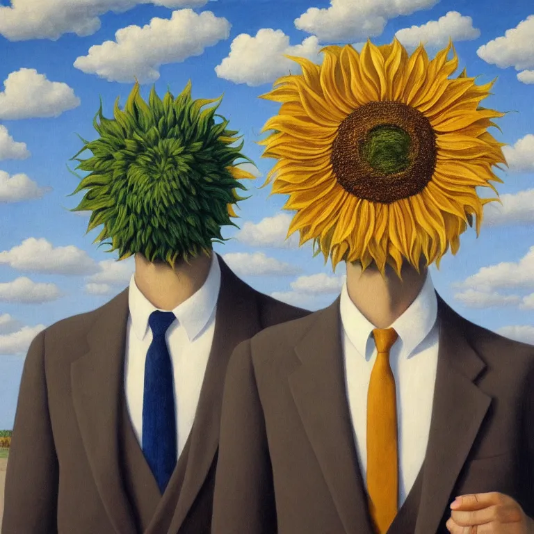 Image similar to portrait of a faceless sunflower - head man in a suit, clouds in the background, by rene magritte, detailed painting, distance, centered, hd, hq, high resolution, high detail, 4 k, 8 k