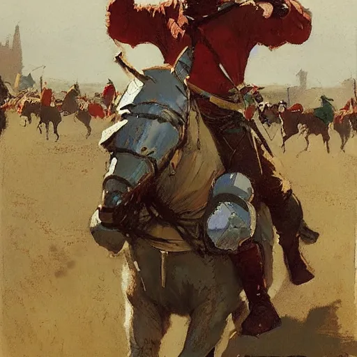 Image similar to man on horseback, wearing chainmail and gambeson, medieval joust by greg manchess, bernie fuchs, walter everett, lost edges