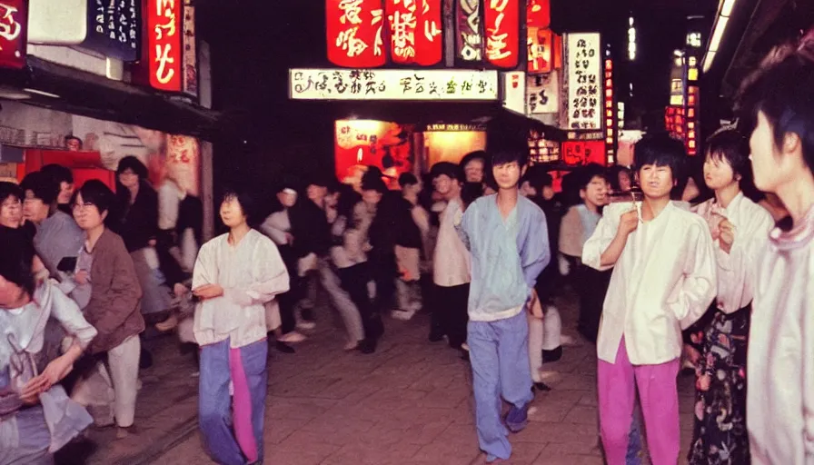 Image similar to masterful photography by haruto hoshi and yang seung woo and saul leiter, young people enjoying night life in kabuki cho japan in the 1 9 9 0 s, film grain, full color, shot on kodak gold with a canon 3 5 mm lens aperture f / 5. 6, hyperrealistic