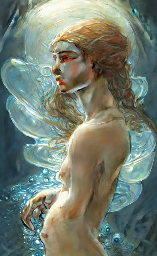 Image similar to portrait of a water creature, a humanoid with translucent skin, made of pure water, concept art, deep focus, fantasy, intricate, highly detailed, digital painting, artstation, matte, sharp focus, illustration, art by artgerm and greg rutkowski and alphonse mucha