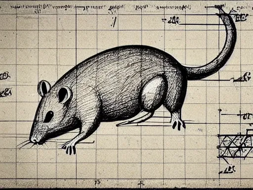 Prompt: highly detailed blueprint, technical drawing of a rat, schematic, pencil, sepia, old paper, art by da vinci