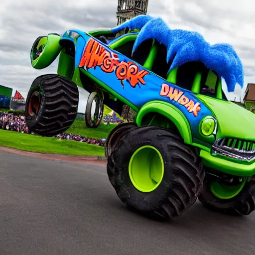 Image similar to shrek has transformed into a monster truck, shrek monster truck, high resolution photo, the shrek monster truck derby